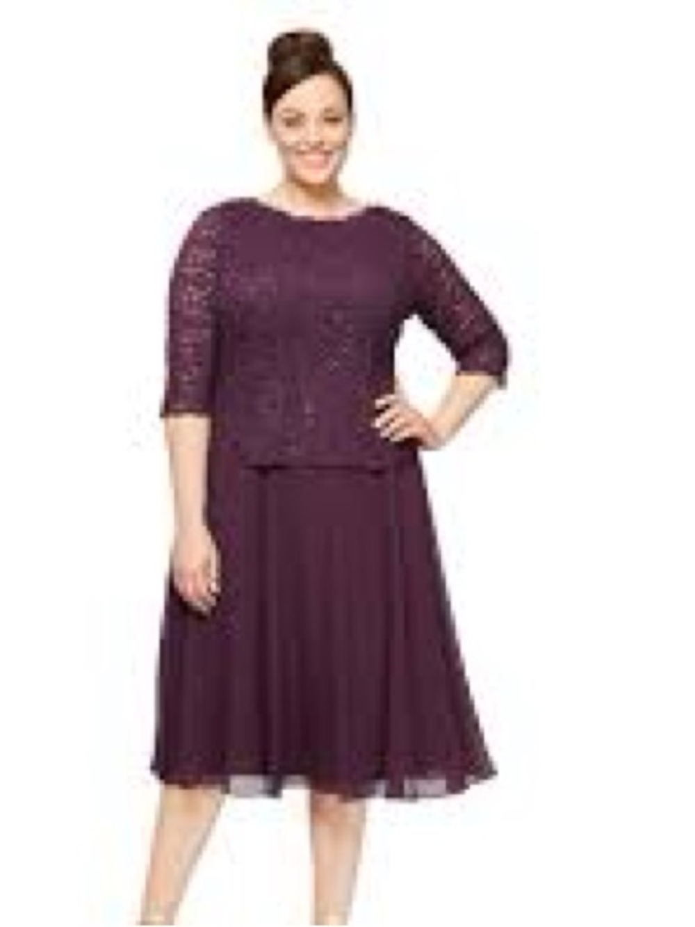 Alex Evenings Plum Lace & Chiffon Evening Dress. Item # 11517